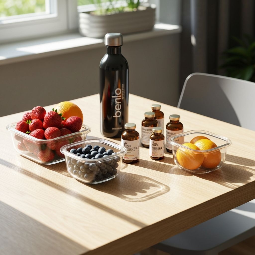 Morgentisch mit Wasser, Vitaminen und frischem Obst