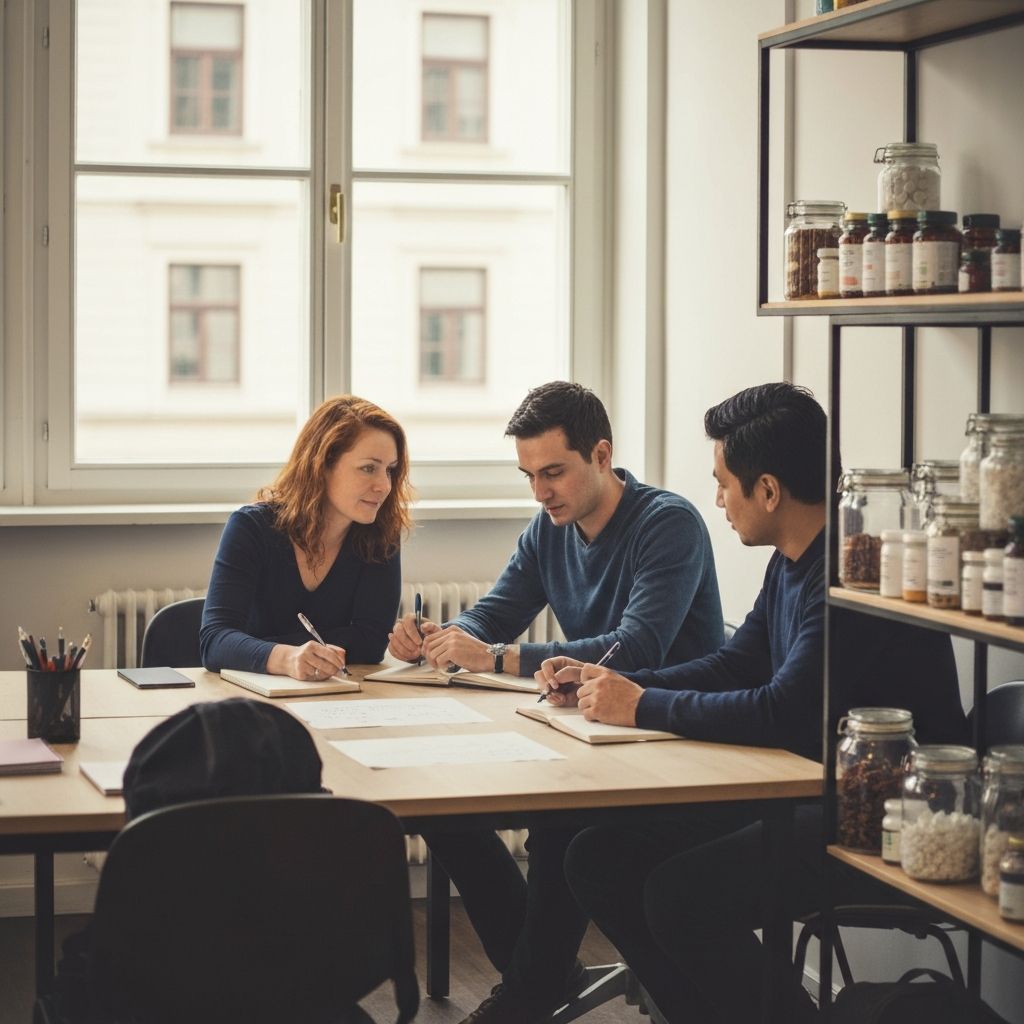 Kleines Team in einem Wiener Coworking Space mit Notizbüchern und Gläsern